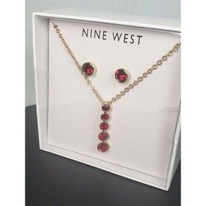 Nine West Jewelry Dark Red/Garnet Rhinestone Necklace and Earrings Set